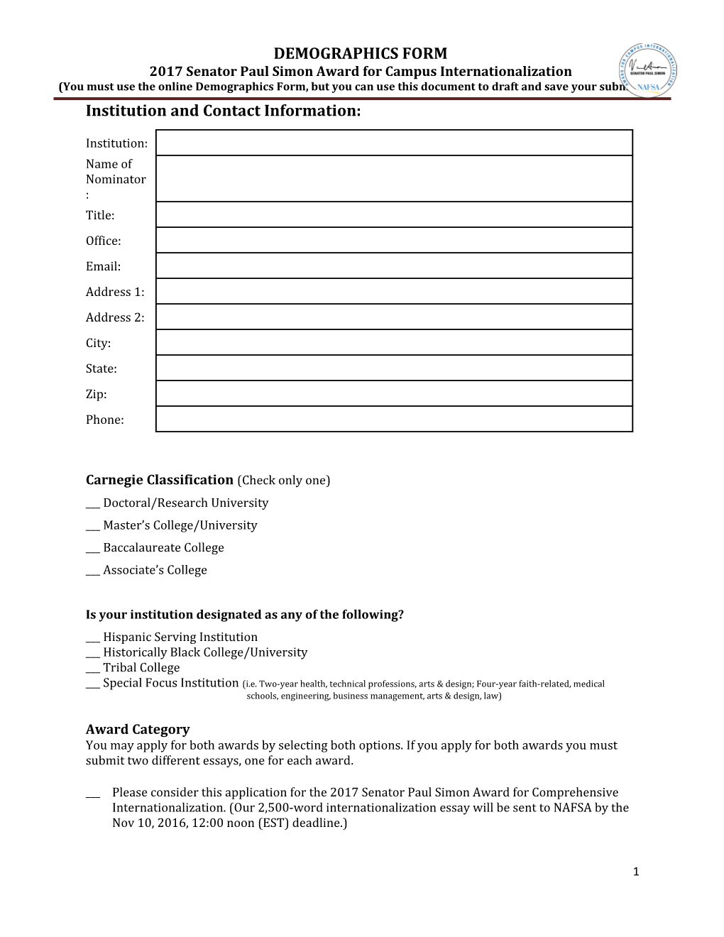 Nomination Form: Senator Paul Simon Award Submission Deadline: November 30, 2010