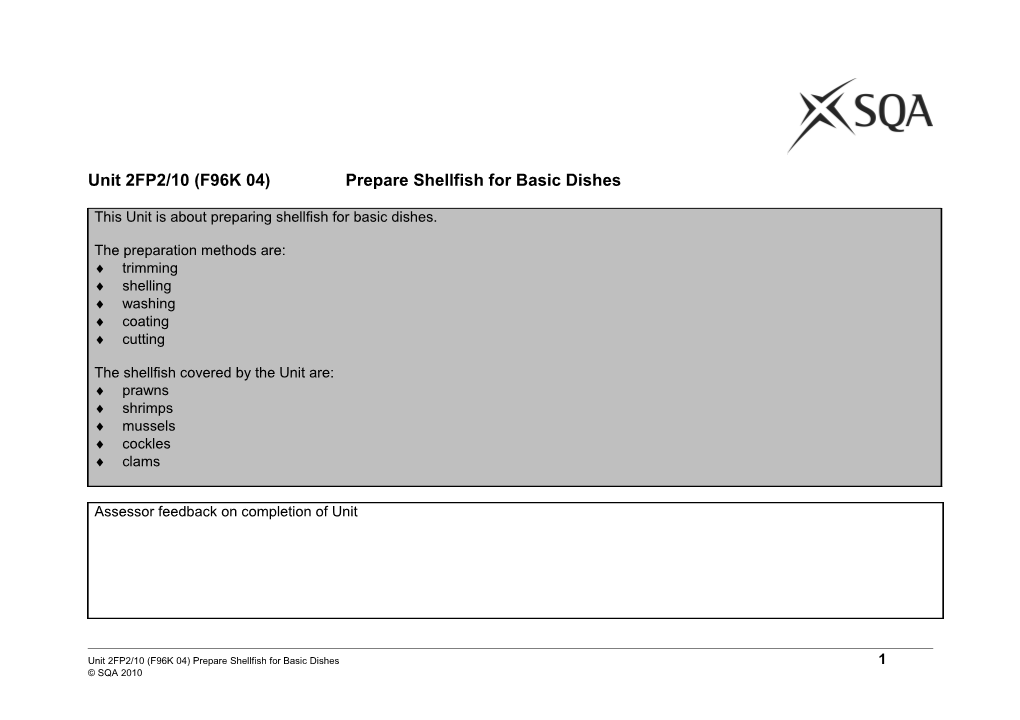 Unit 2FP2/10 (F96K 04)Prepare Shellfish for Basic Dishes