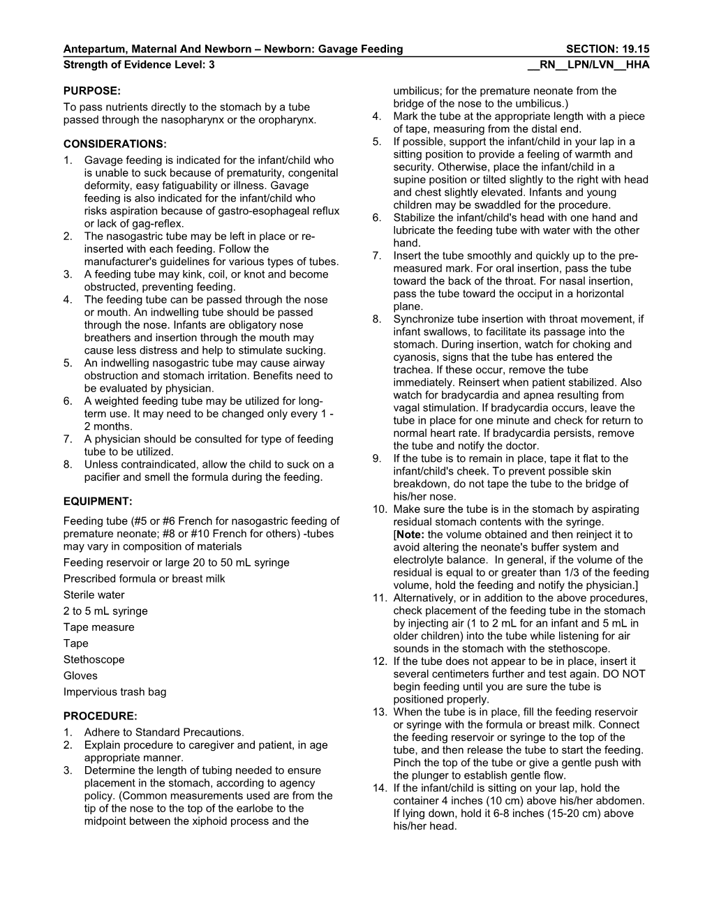 Antepartum, Maternaland Newborn Newborn: Gavage Feedingsection: 19.15