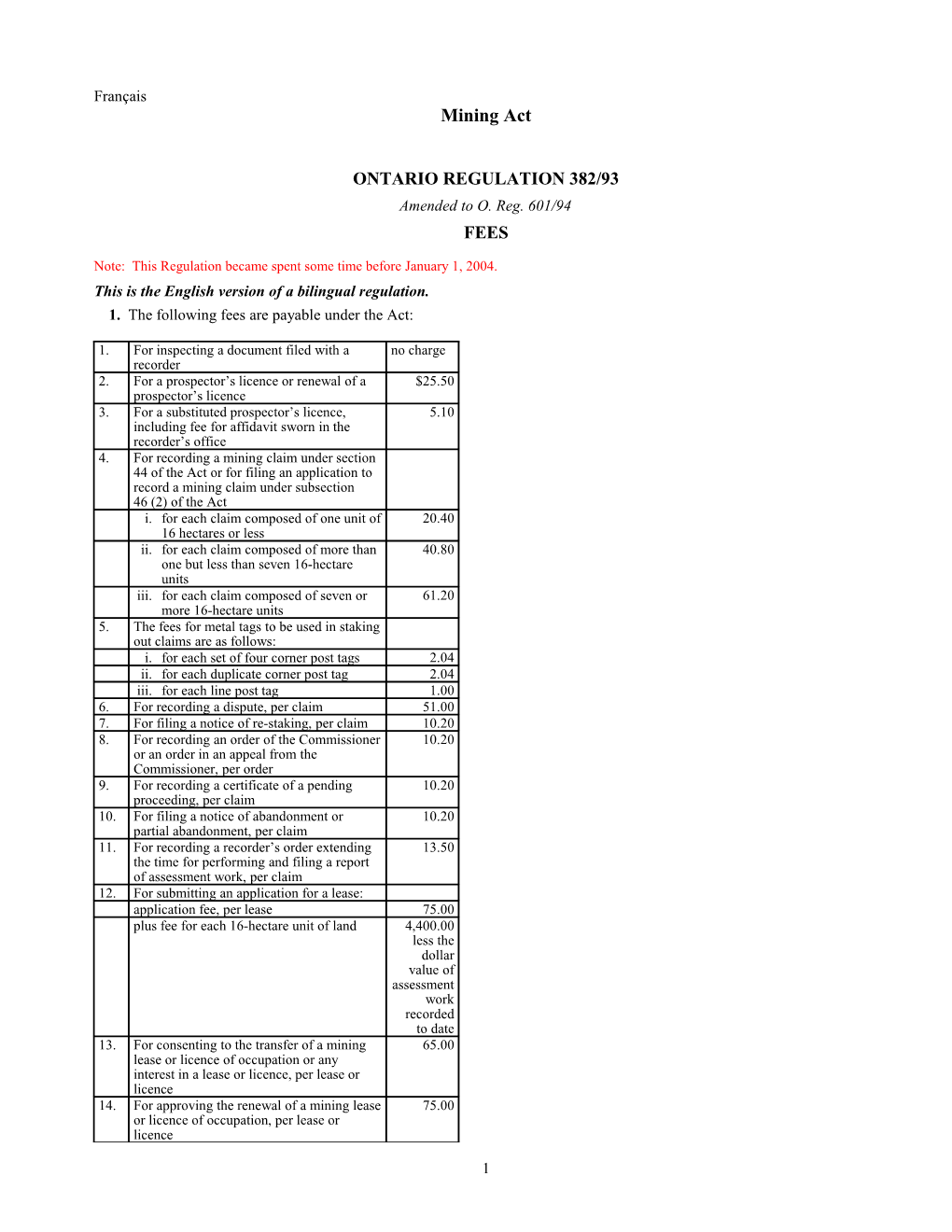 Mining Act - O. Reg. 382/93