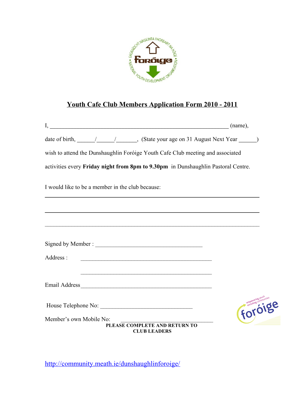 Youth Cafeclubmembers Application Form 2010 - 2011