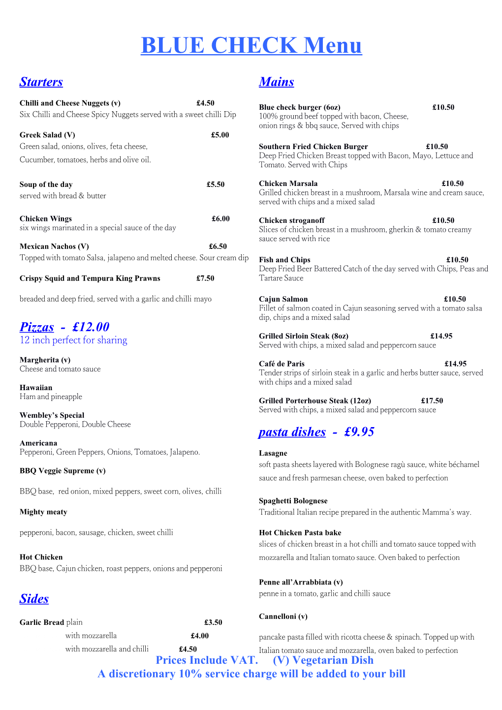 Wembley Blue Check Spring Evening Menu 2013