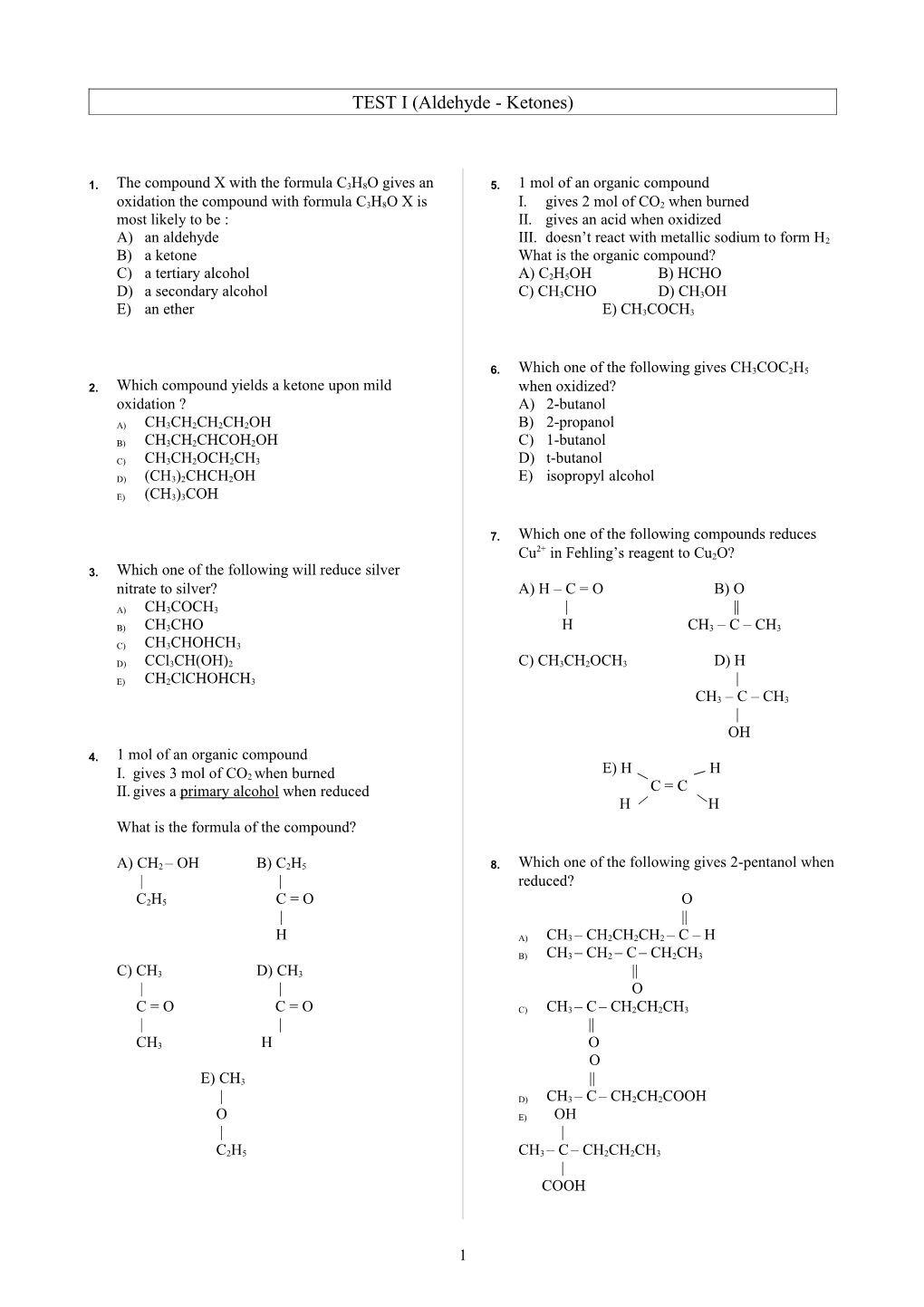 TEST I (Alcohols - Ethers)