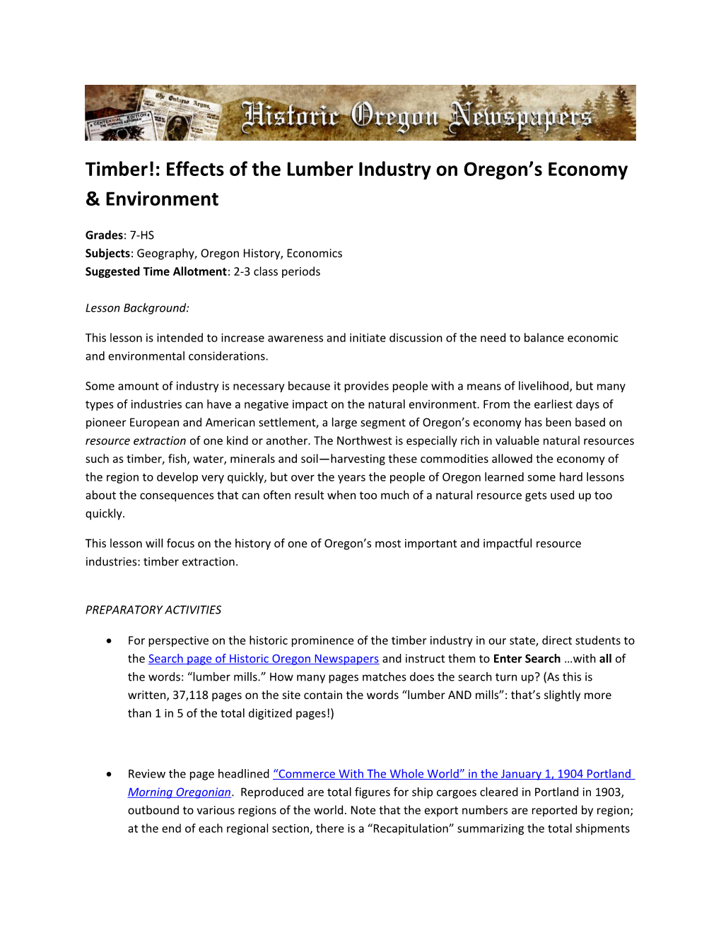 Timber!: Effects of the Lumber Industry on Oregon S Economy & Environment
