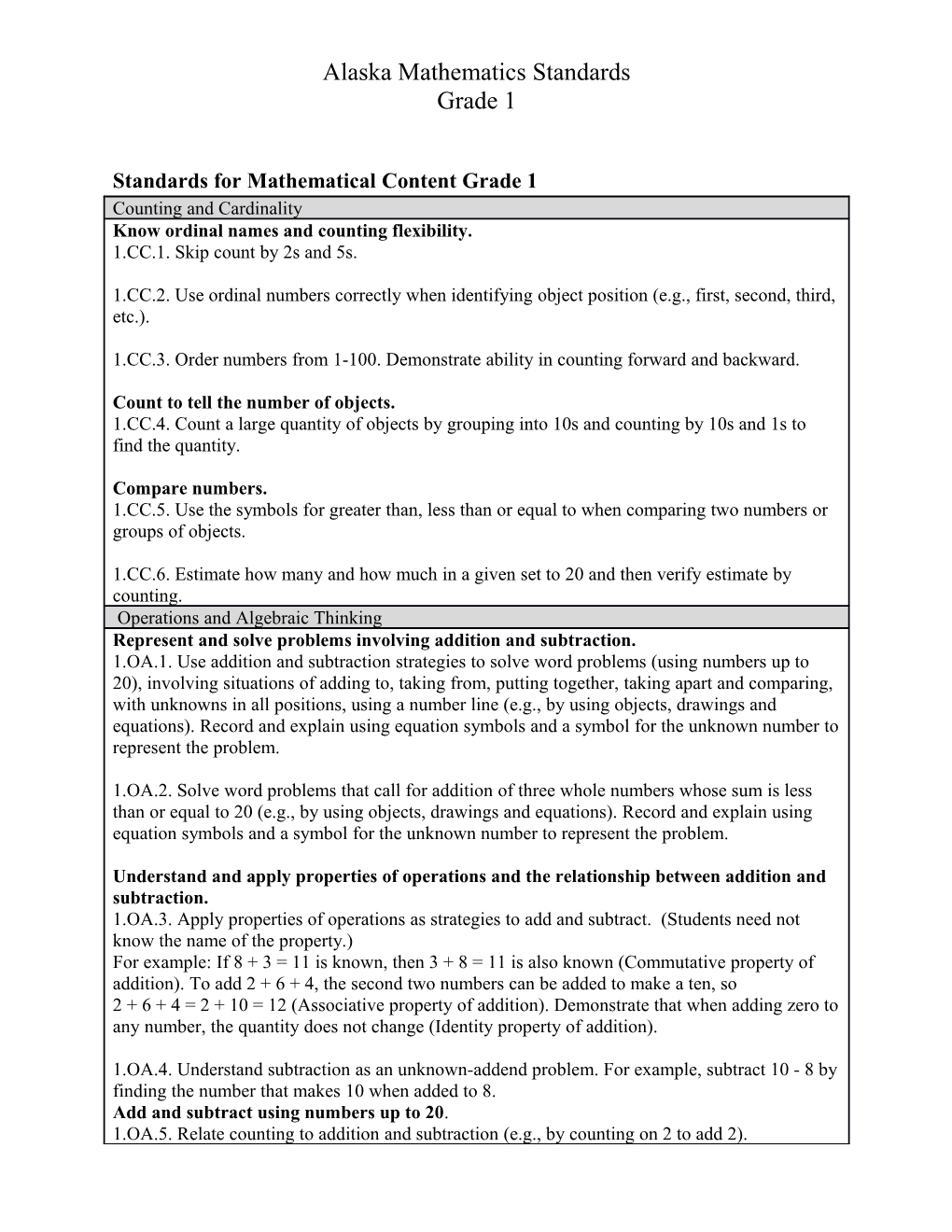 Standards for Mathematical Content Grade 1