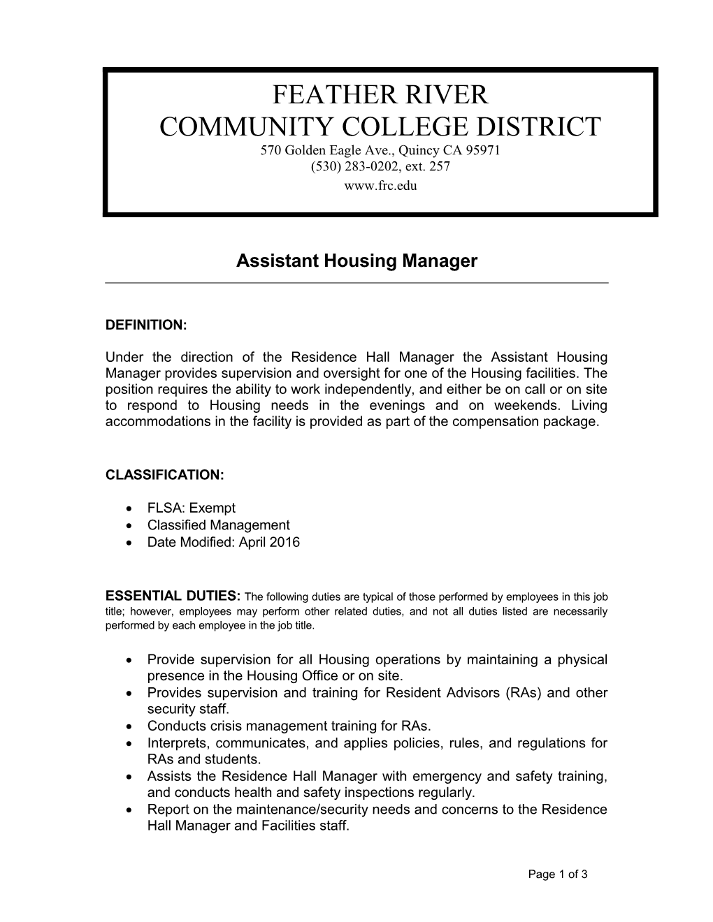 Assistant Housing Manager