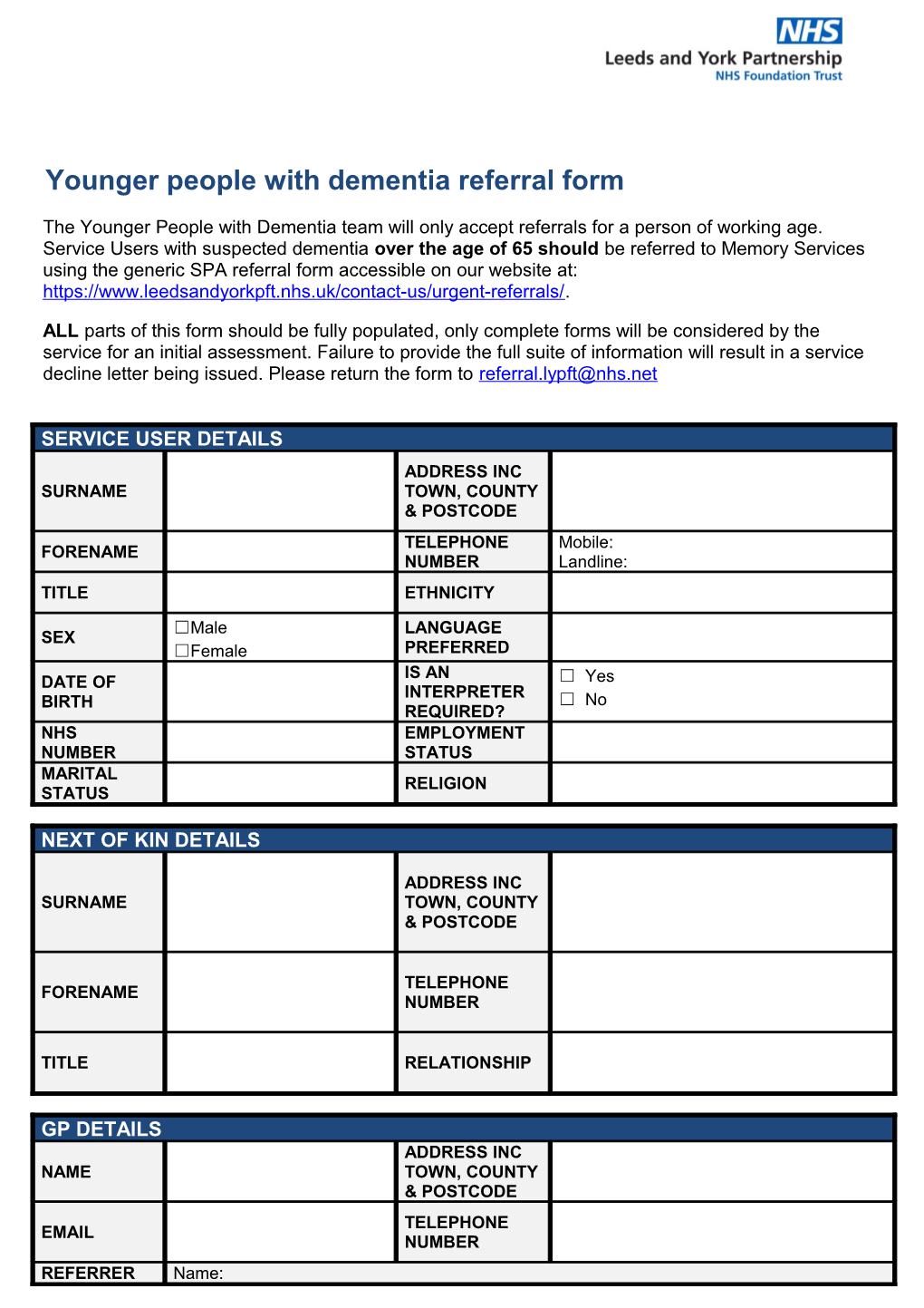 Younger People with Dementia Referral Form