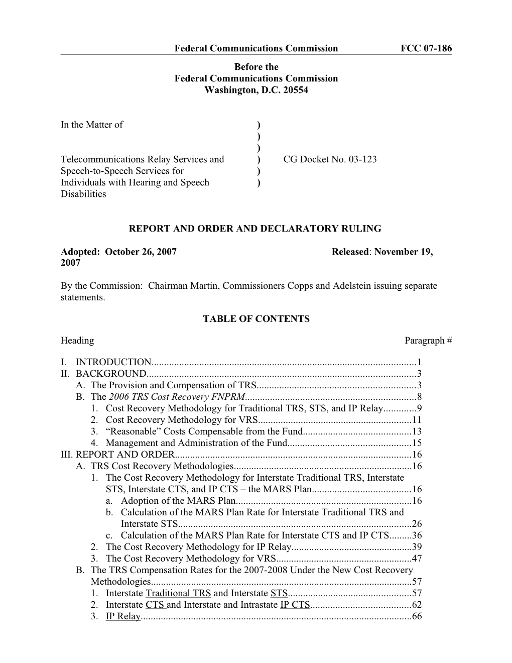 Federal Communications Commissionfcc 07-186