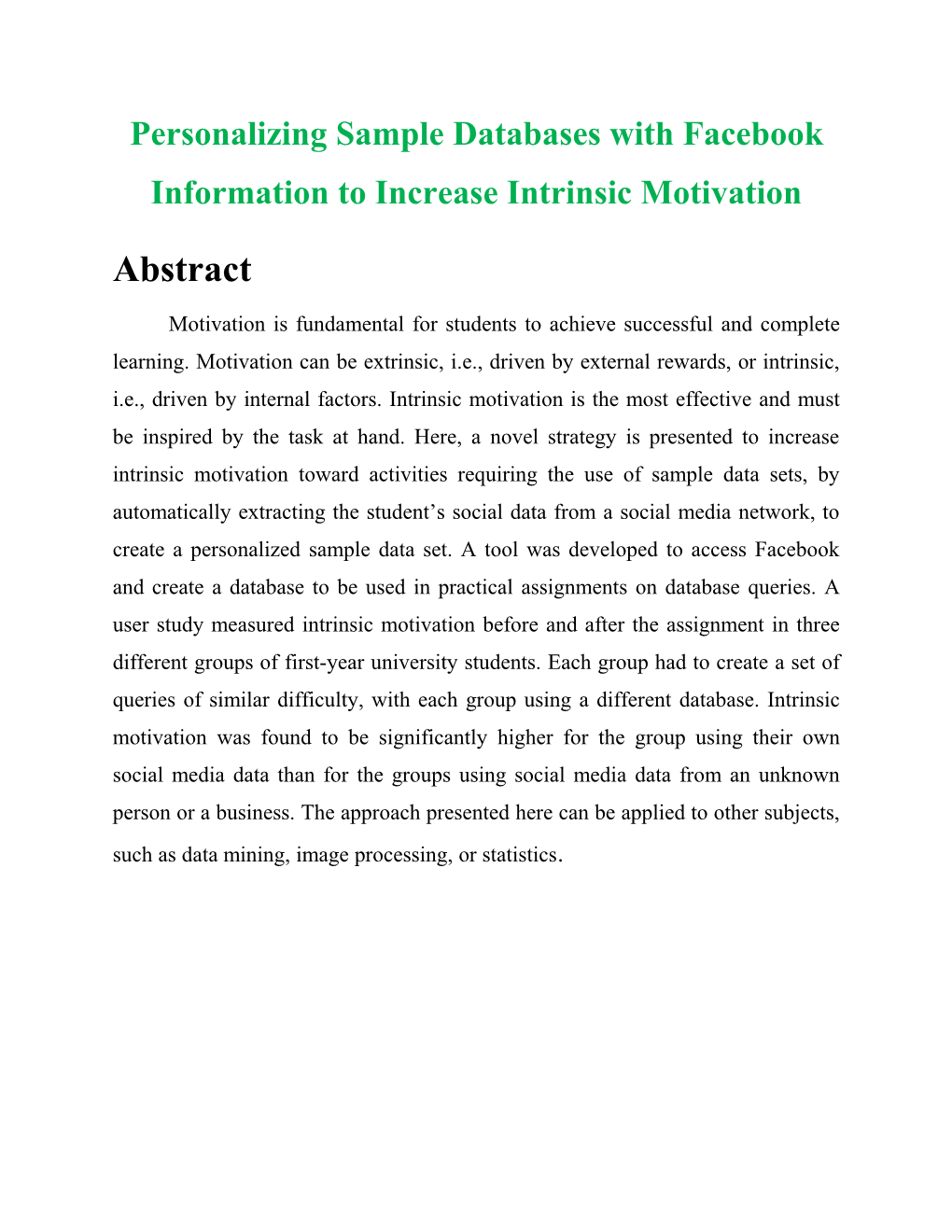 Personalizing Sample Databases with Facebook Information to Increase Intrinsic Motivation