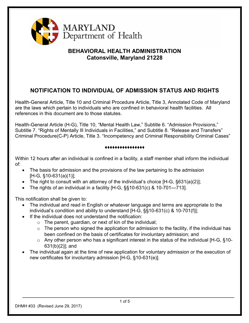 Notification to Individual of Admission Status and Rights