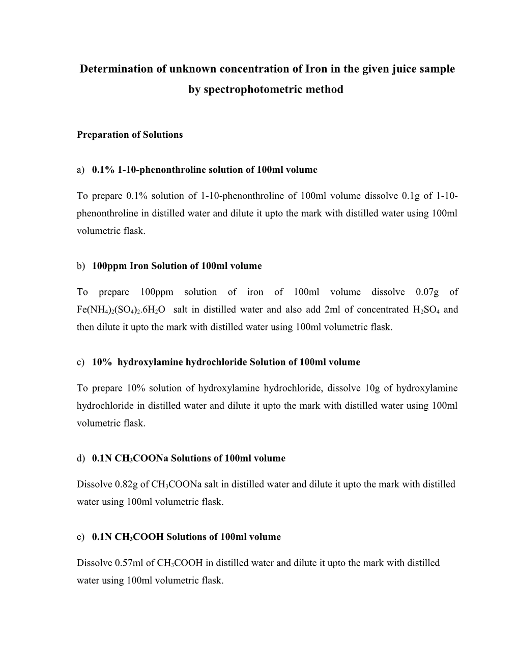 Determination of Unknown Concentration of Iron in the Given Juice Sample by Spectrophotometric