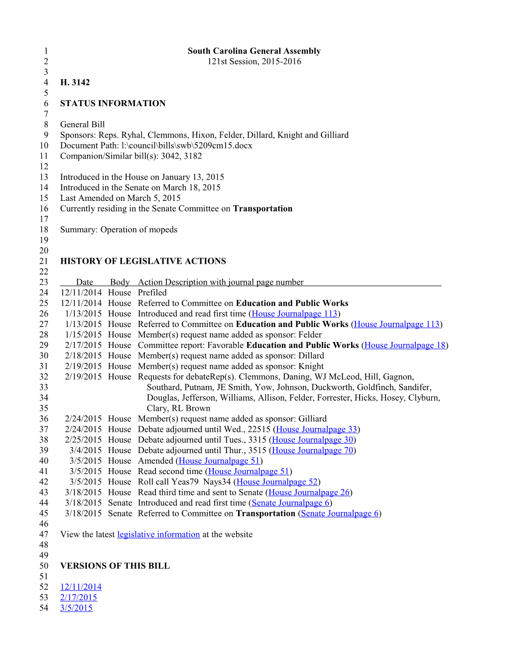 2015-2016 Bill 3142: Operation of Mopeds - South Carolina Legislature Online