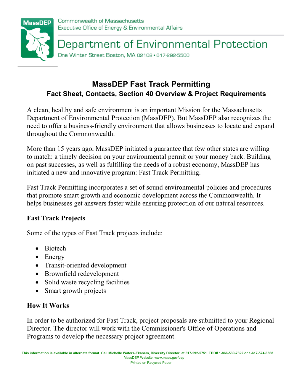 Massdep Fast Track Permittingfact Sheet, Contacts, Section 40 Overview & Project Requirements