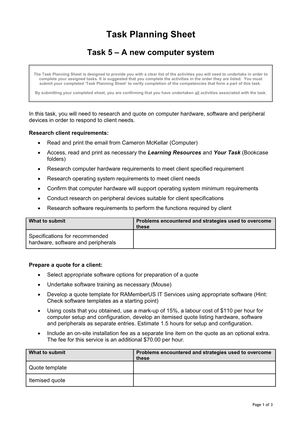 Task Planning Sheet