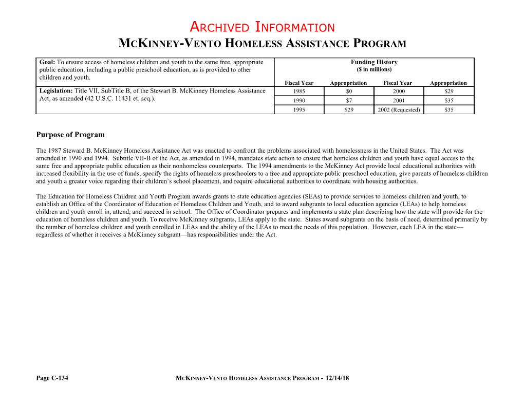 Archived: Mckinney-Vento Homeless Assistance Program