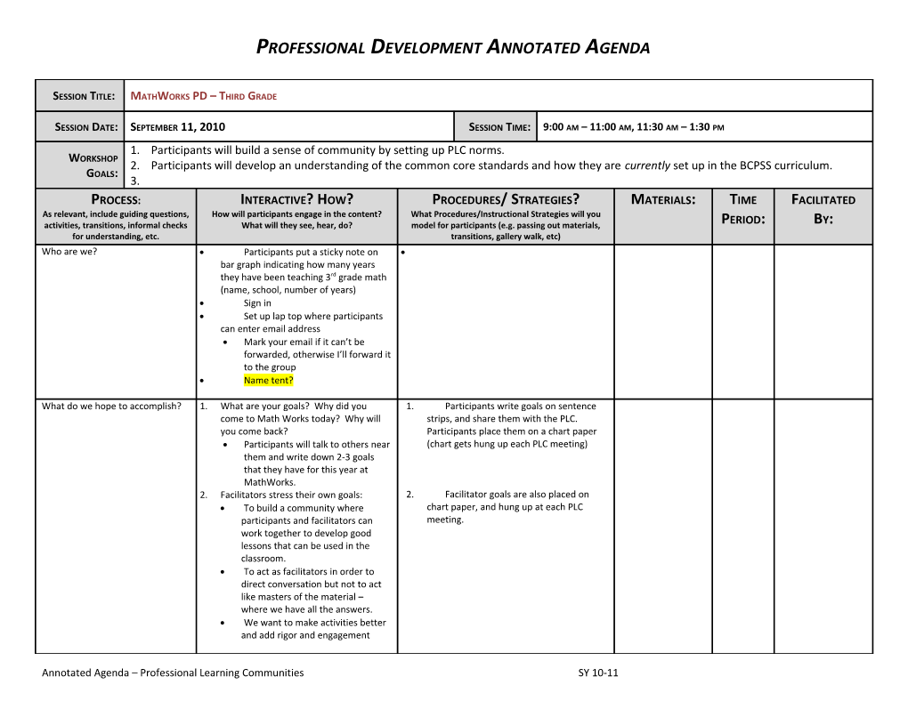 Professional Development Annotated Agenda