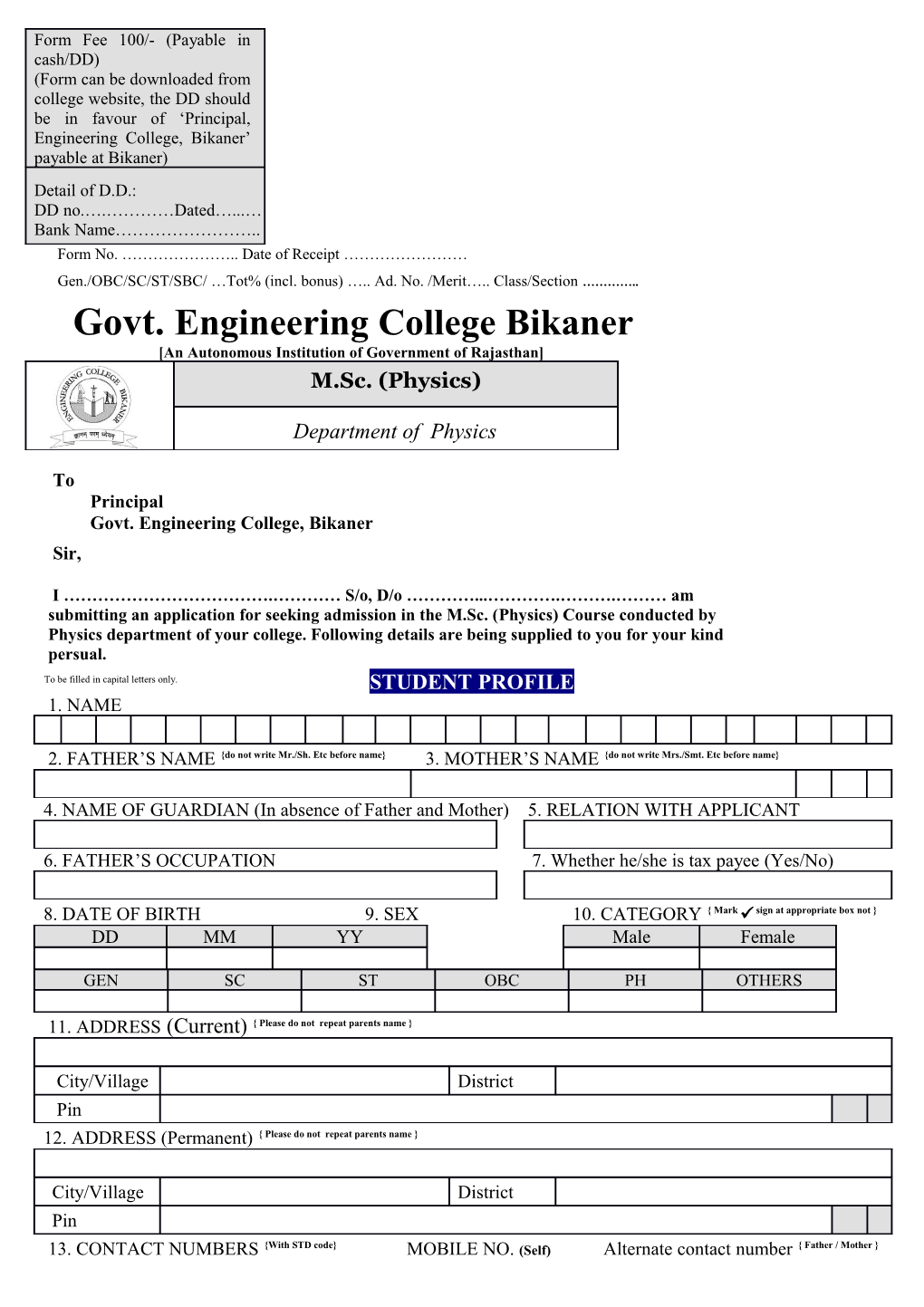 Gen./OBC/SC/ST/SBC/ Tot% (Incl. Bonus) Ad. No. /Merit Class/Section