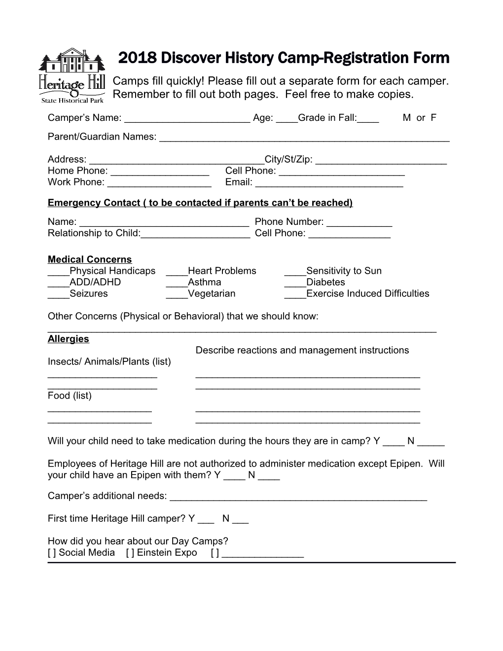 2005 Discover History Camp Registration Form
