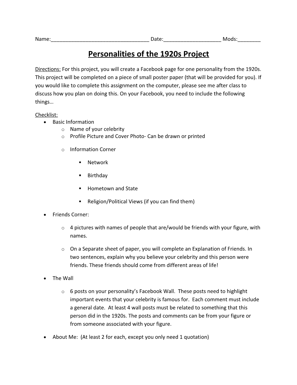 Personalities of the 1920S Project