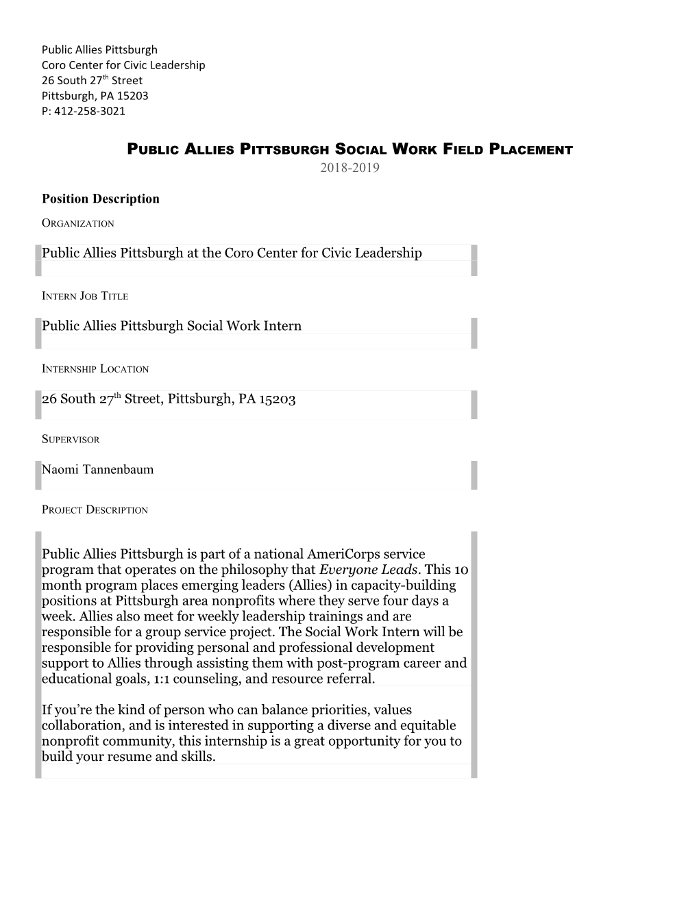 Public Allies Pittsburgh Social Work Field Placement