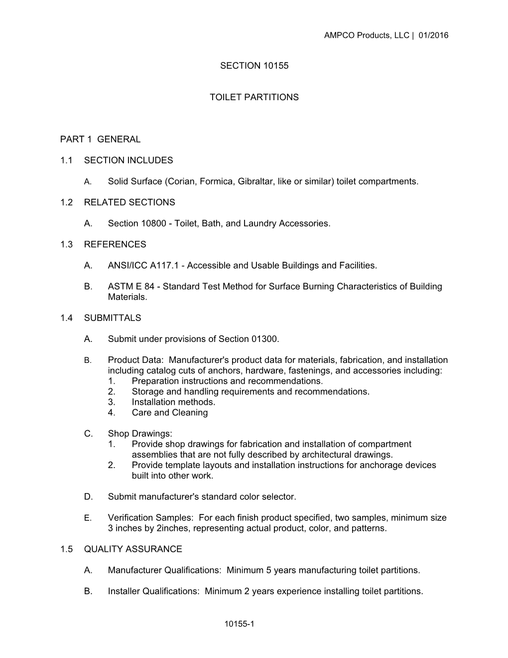 Section 10155 - Toilet Partitions