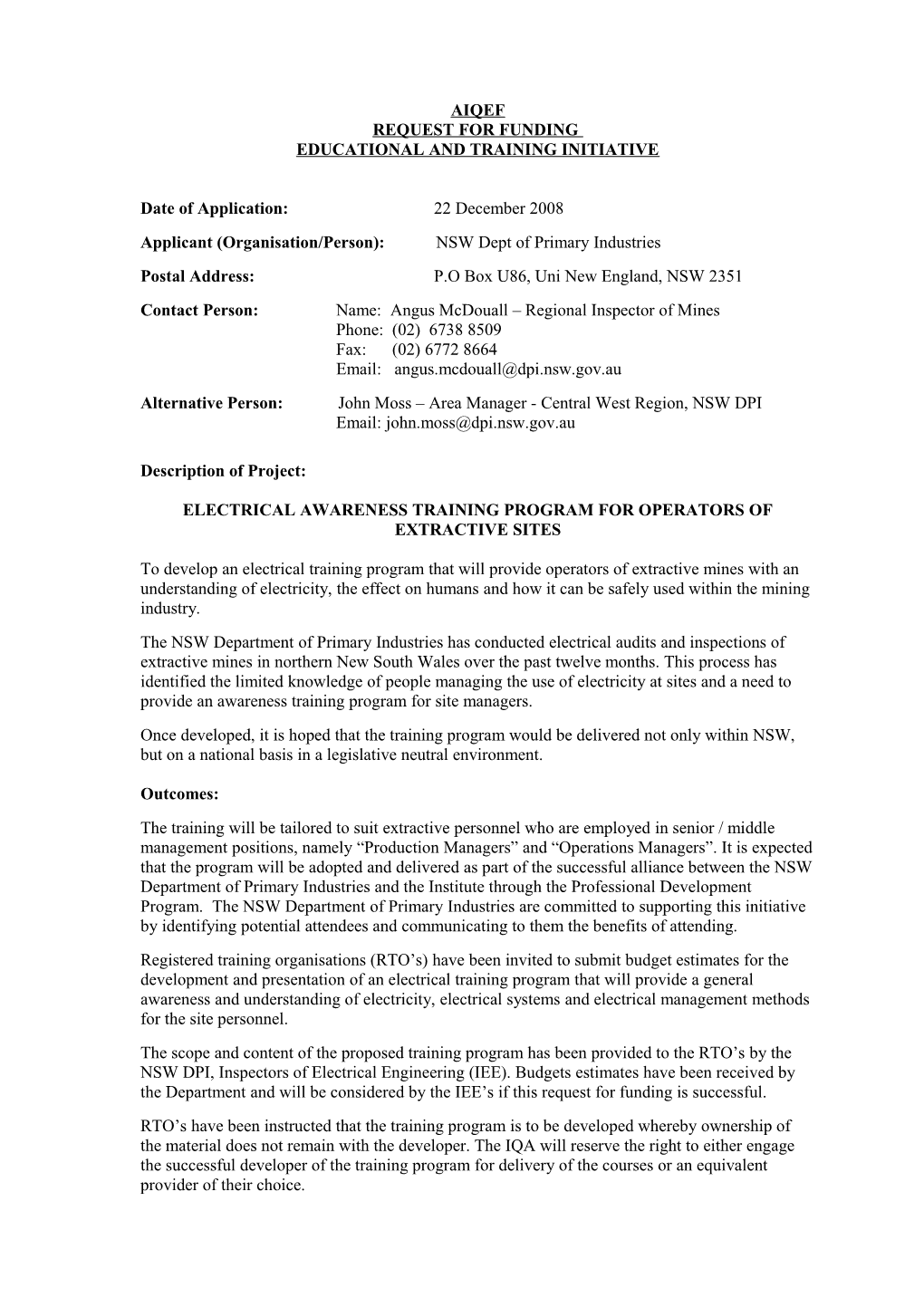 Electrical Awareness AIQEF Funding Application Dec 08 V2