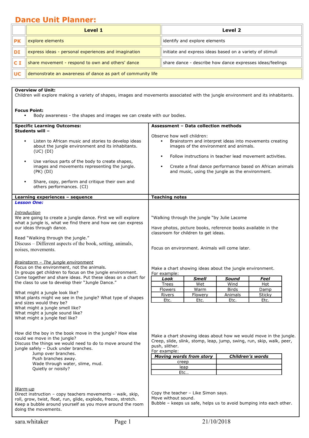 Dance Unit Planner