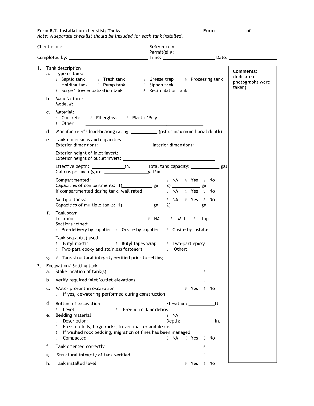 Form 8.2. Installation Checklist: Tanksform Of