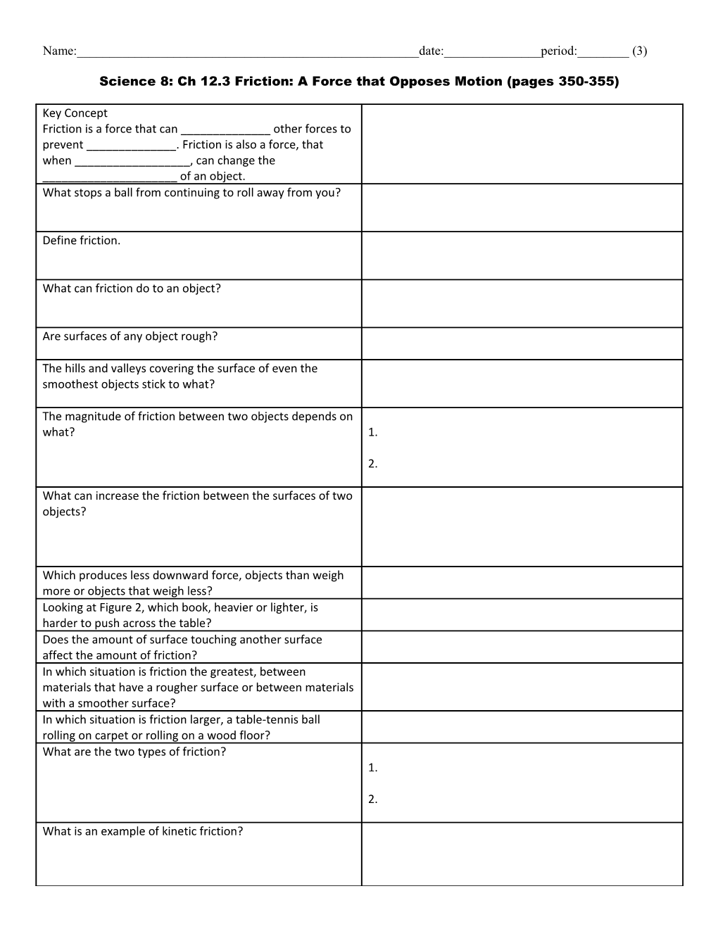 Science 8: Ch 12.3 Friction: a Force That Opposes Motion (Pages 350-355)