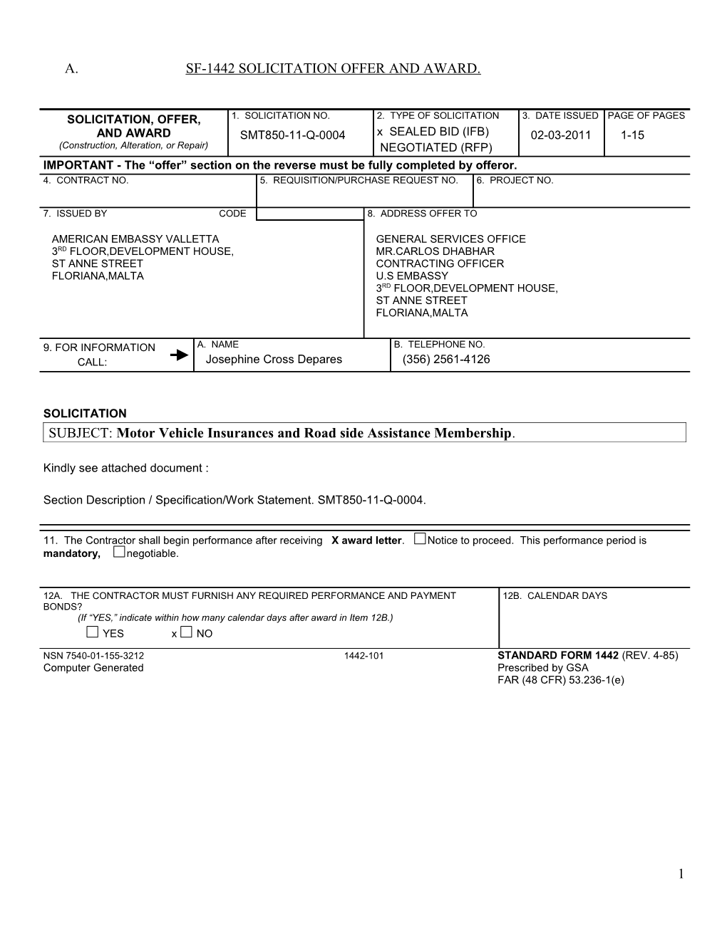 Nsn 7540-01-155-32121442-101 Standard Form 1442 (Rev. 4-85)