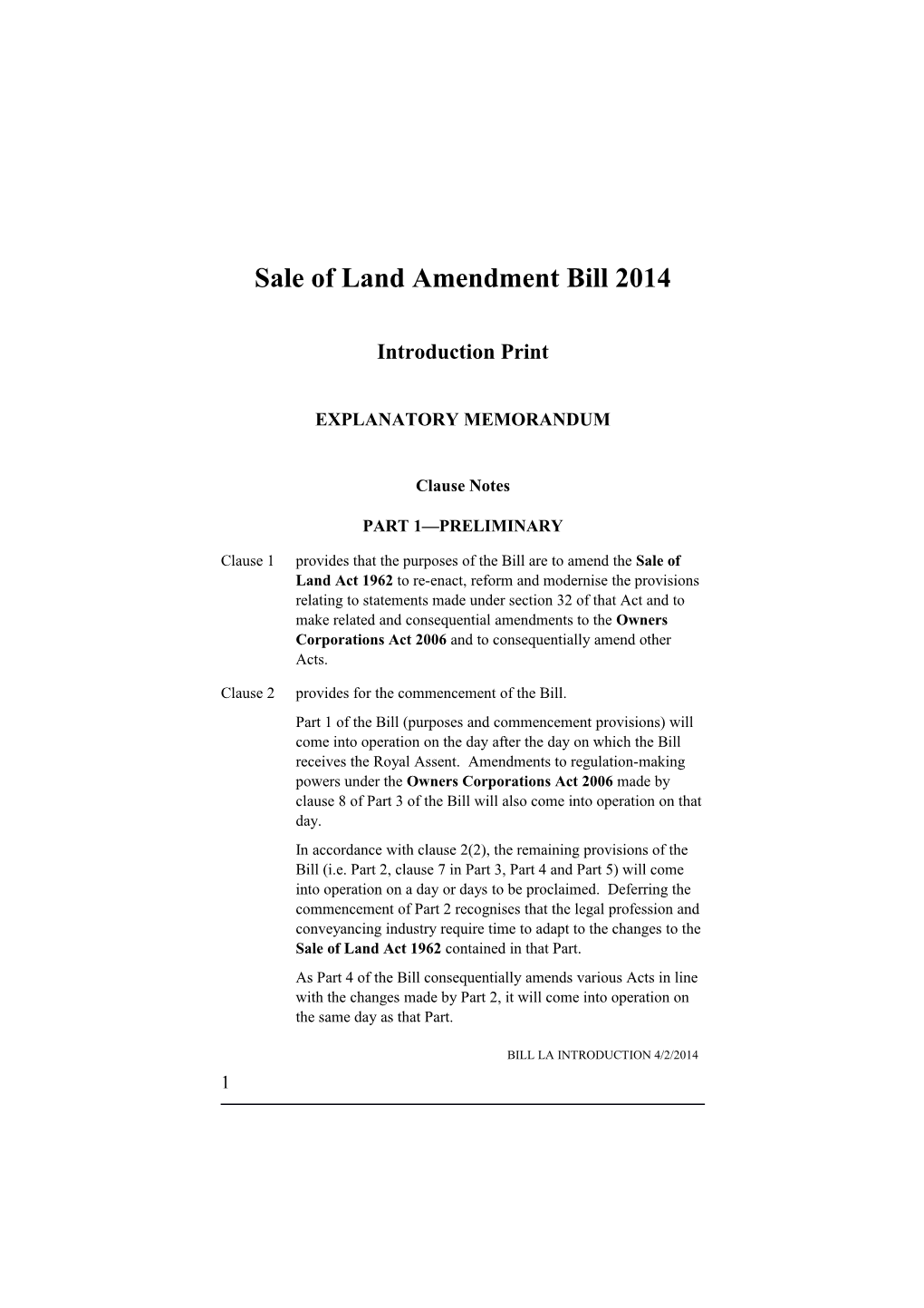 Sale of Land Amendment Bill 2014