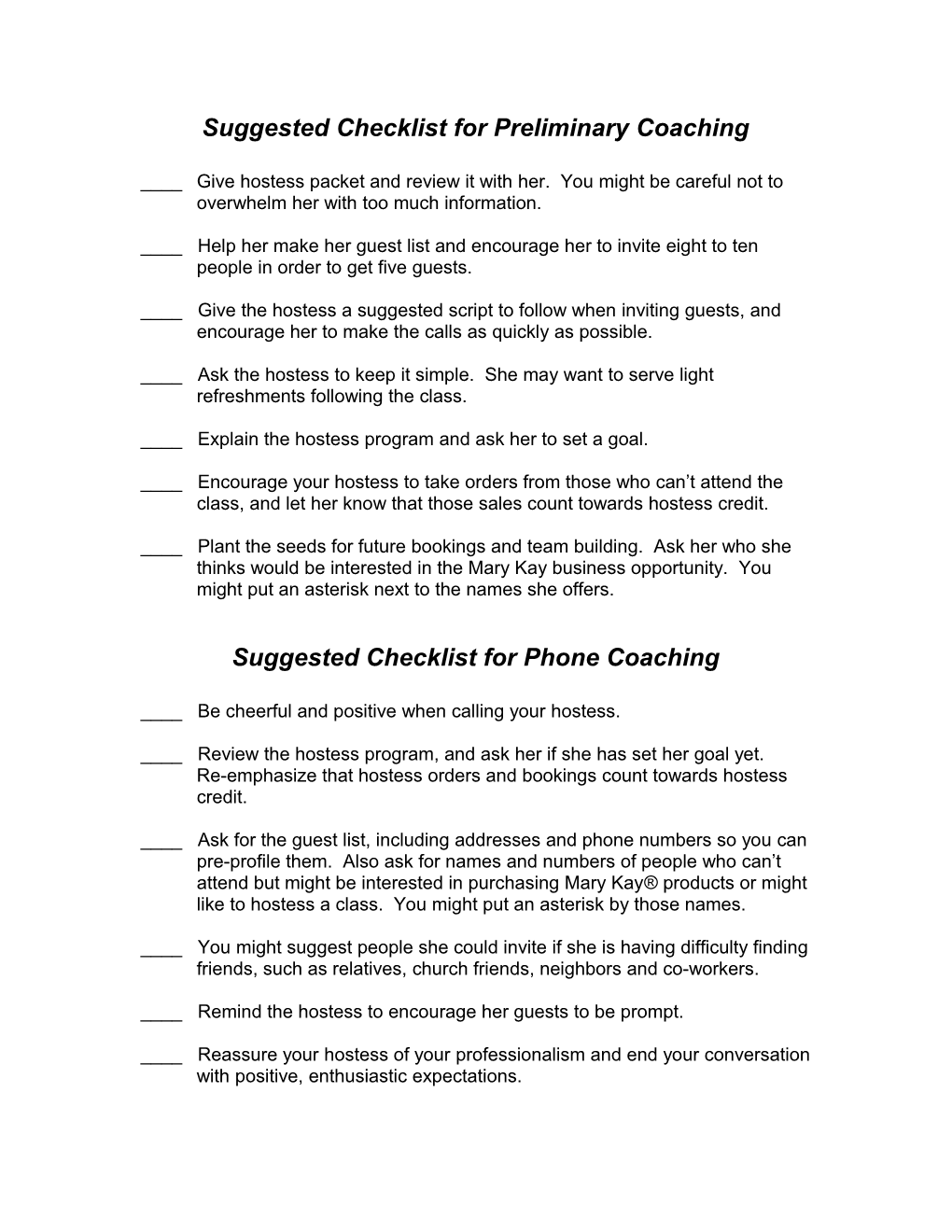 Suggested Checklist for Preliminary Coaching