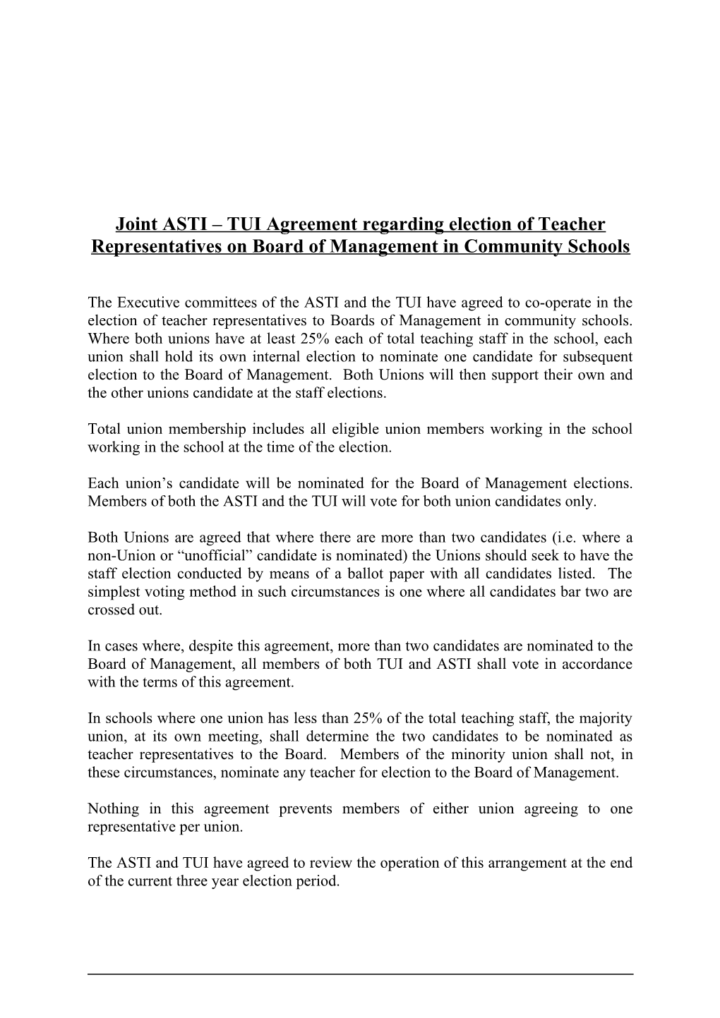 Joint ASTI TUI Agreement Regarding Election of Teacher Representatives on Board of Management