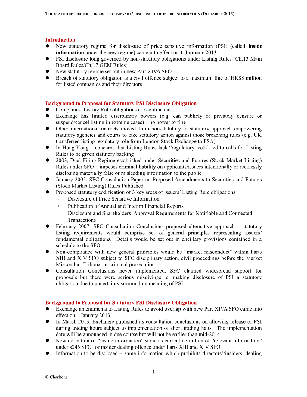 The Statutory Regime for Listed Companies Disclosure of Inside Information (December 2013)