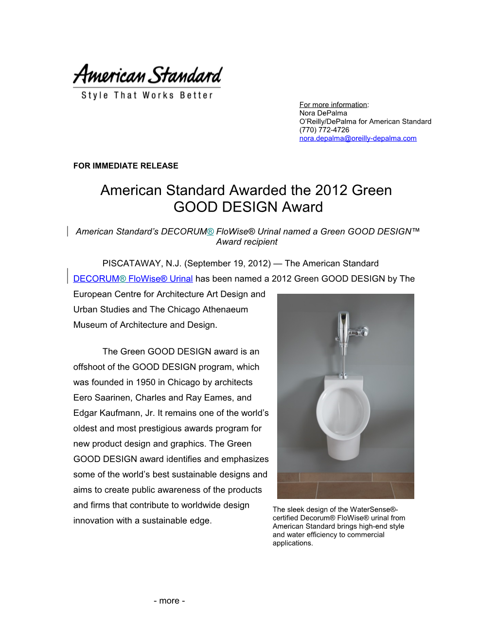 American Standard Awarded the 2012 Green GOOD DESIGN Award 1-1-1
