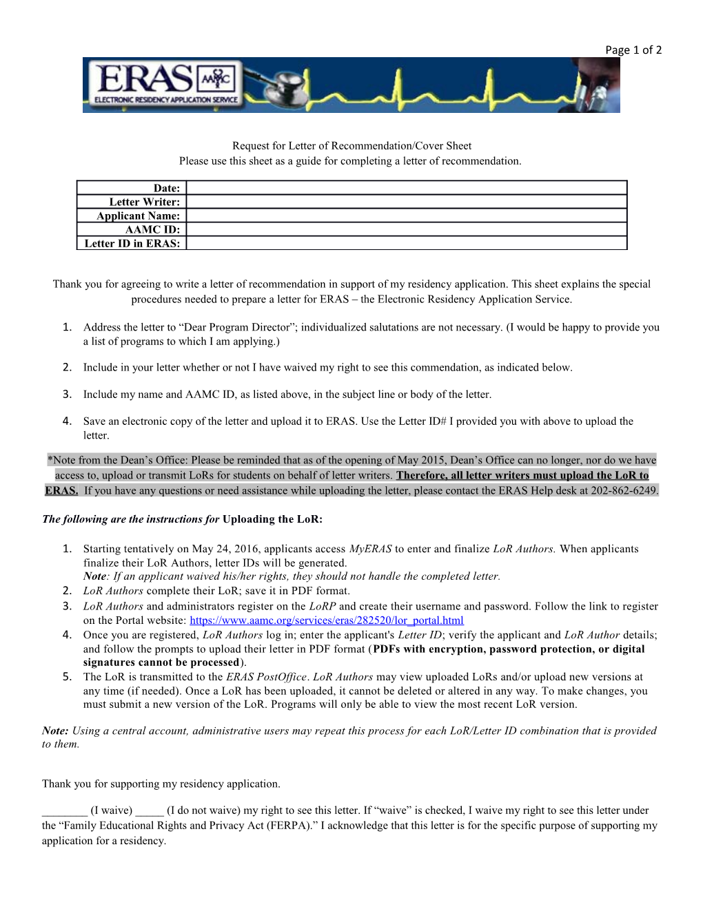 Request for Letter of Recommendation/Cover Sheet Please Use This Sheet As a Guide for Completing