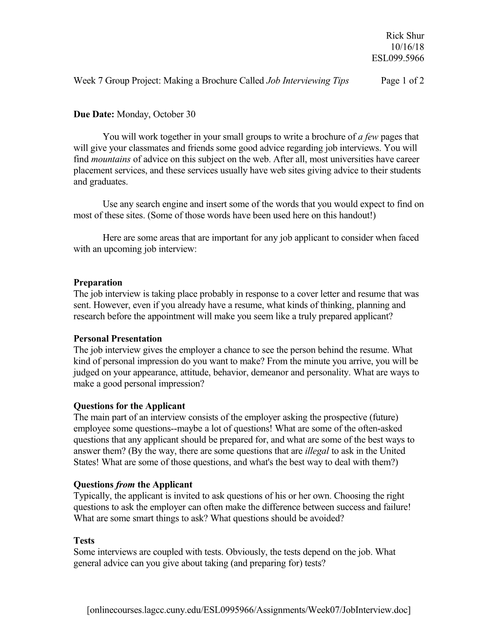 Week 7 Group Project: Making a Brochure Called Job Interviewing Tipspage 1 of 2