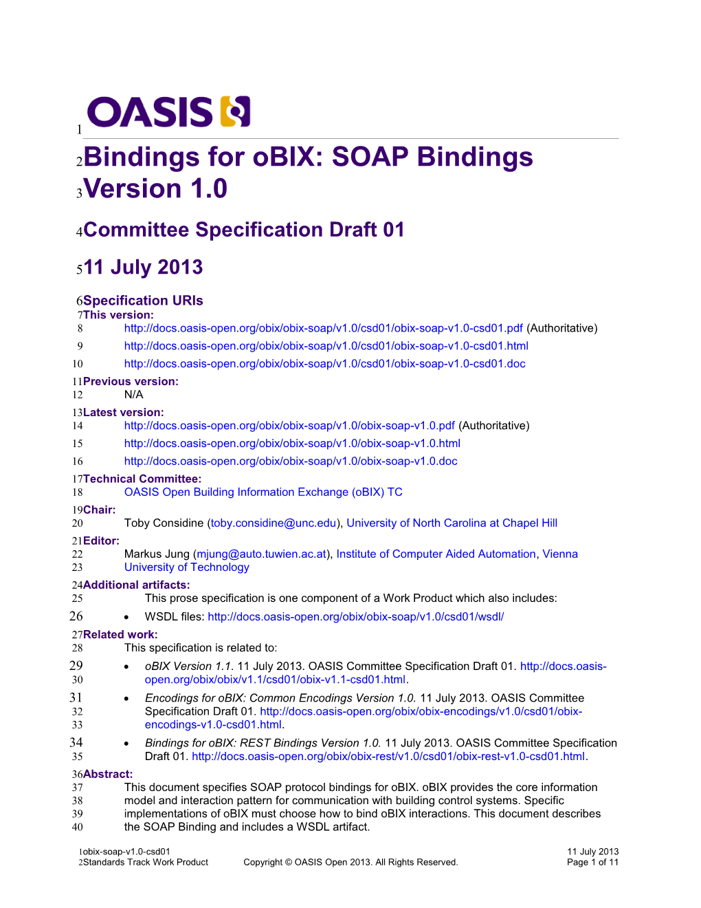 Bindings for Obix: SOAP Bindings Version 1.0