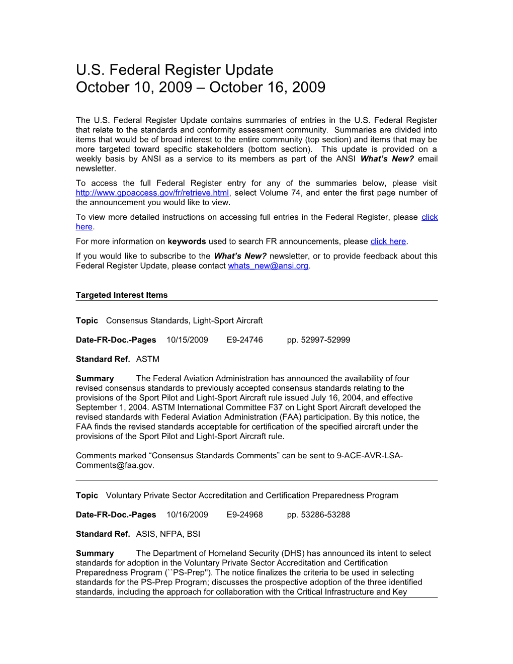 Standards and Trade Related Notices from the U.S. Federal Register, 10.16.09