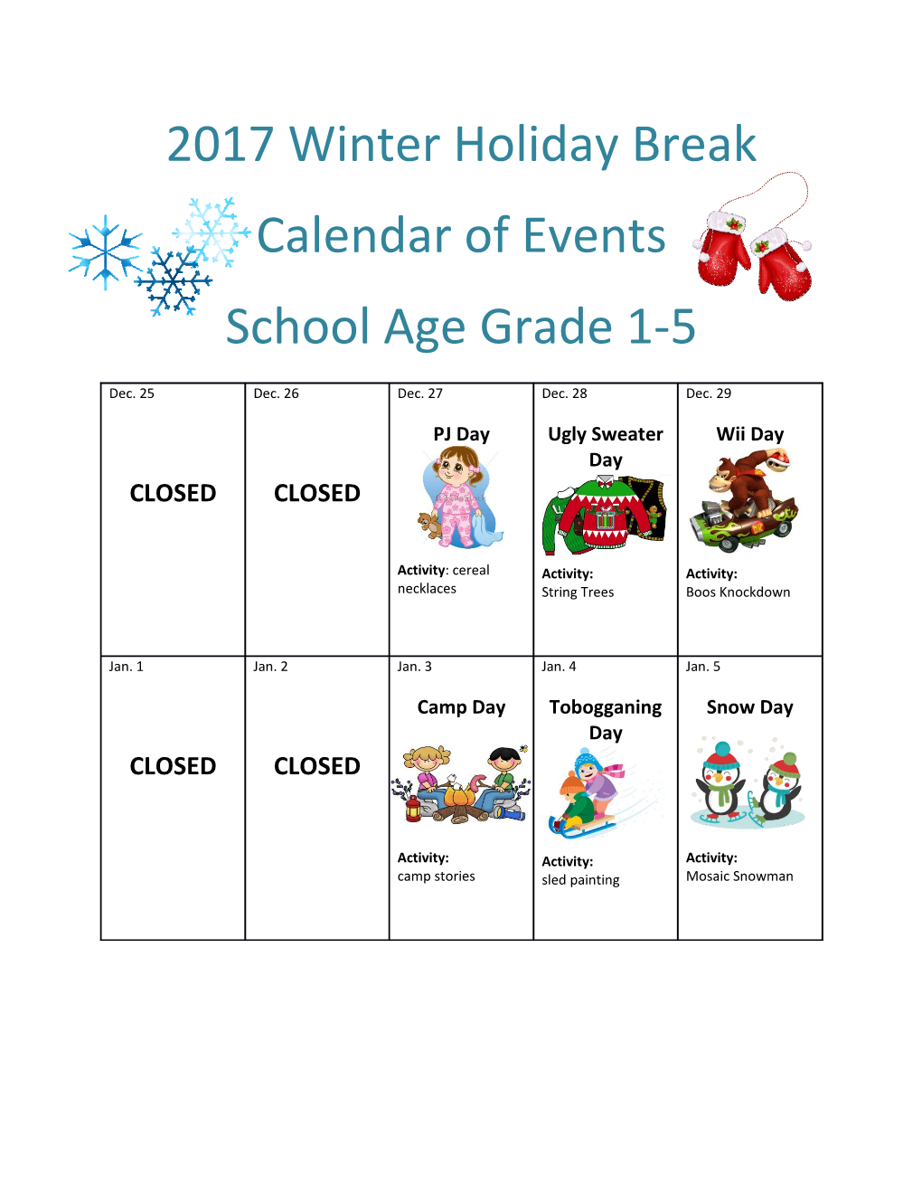 Winter Break 2017 School Age