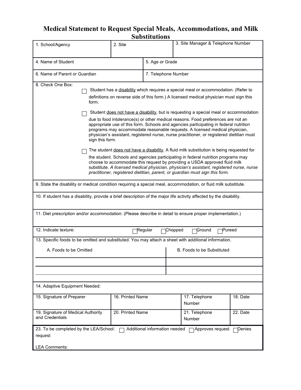 Medical Statement to Request Special Meals, Accommodations, and Milk Substitutions