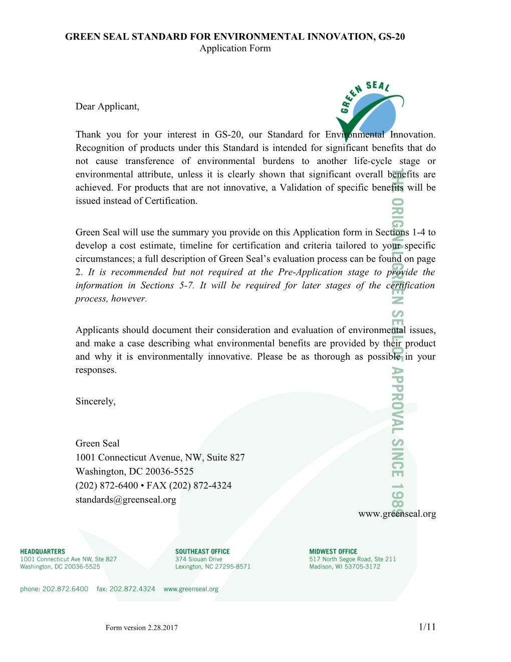 Green Seal Standard for Environmental Innovation, Gs-20