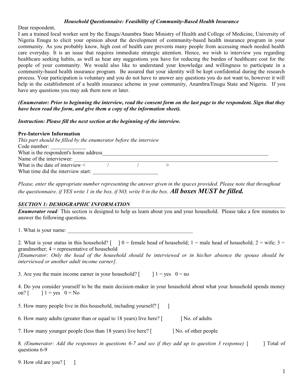 Household Questionnaire: Feasibility of Community-Based Health Insurance