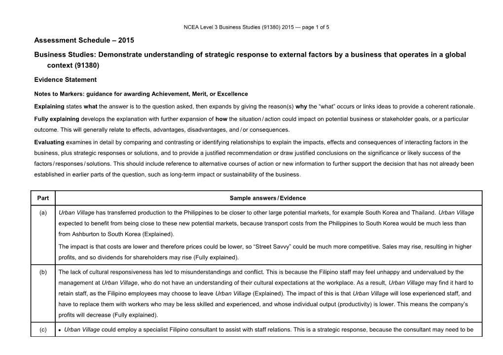 NCEA Level 3 Business Studies (91380) 2015 Assessment Schedule