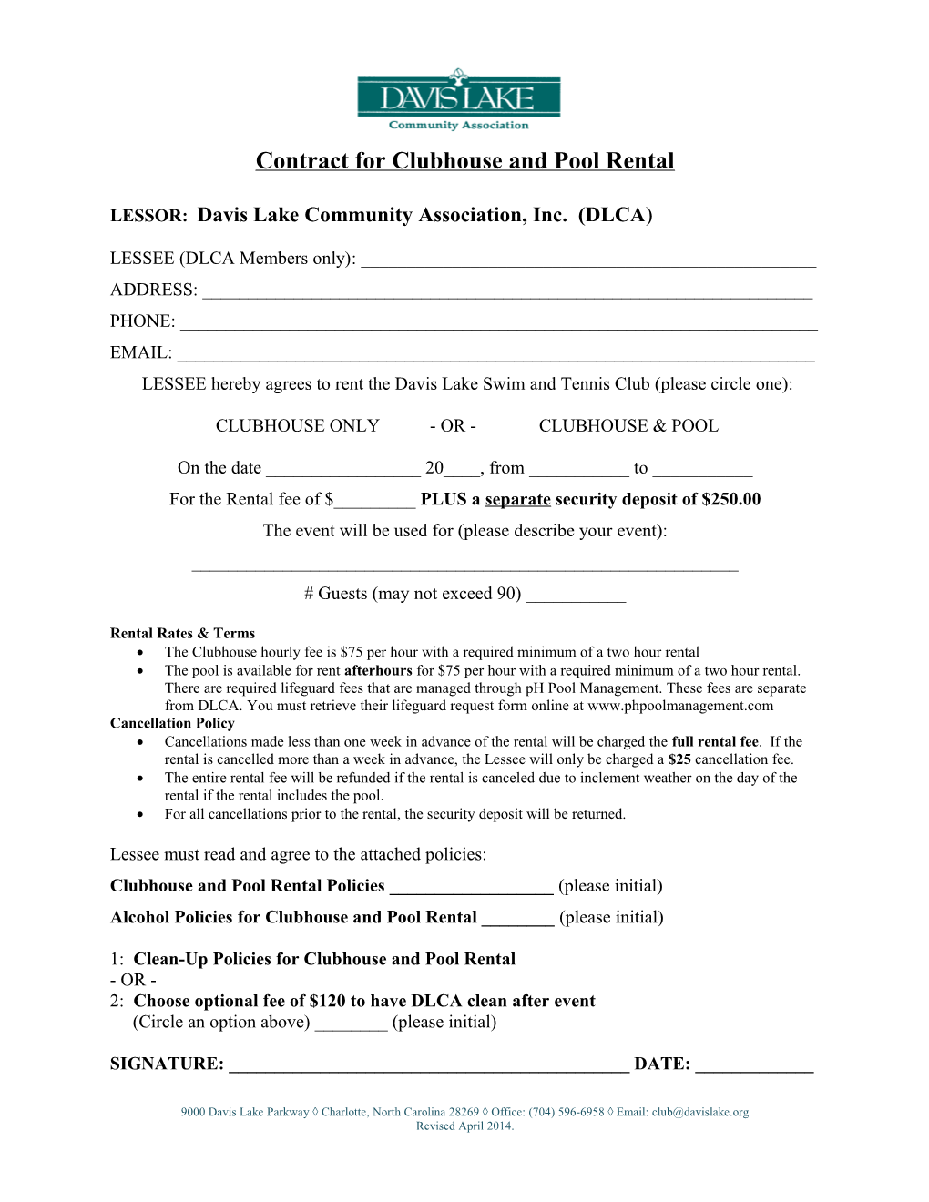 Contract for Clubhouse and Pool Rental