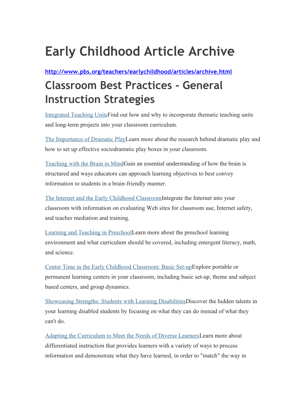 Early Childhood Article Archive