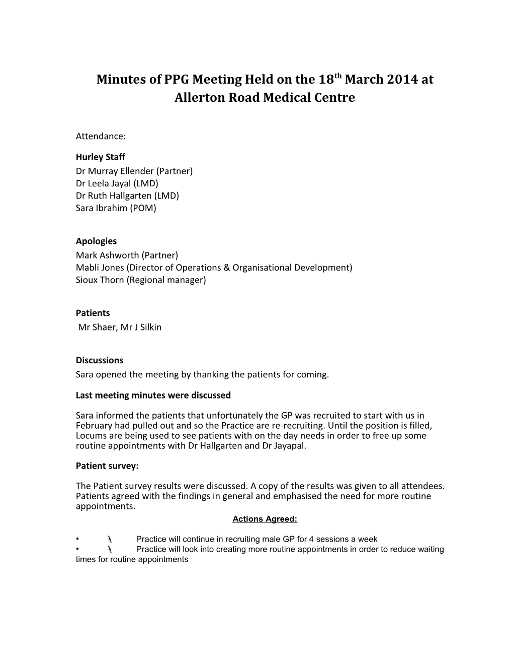 Minutes of PPG Meeting Held on the 18Th March 2014At Allerton Road Medical Centre