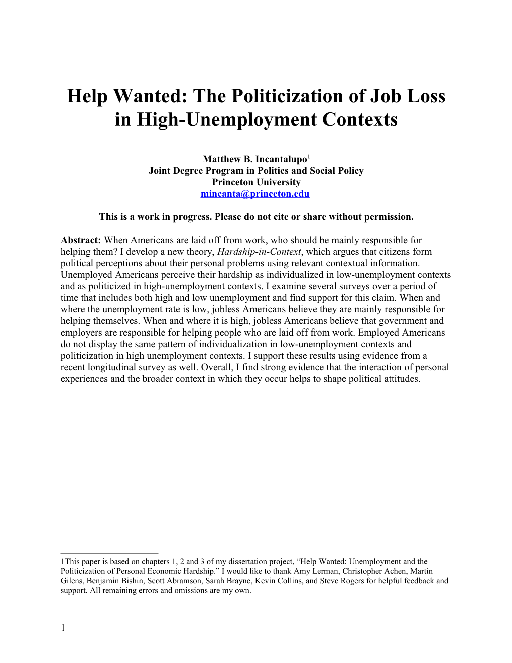 Help Wanted: the Politicization of Job Loss in High-Unemployment Contexts