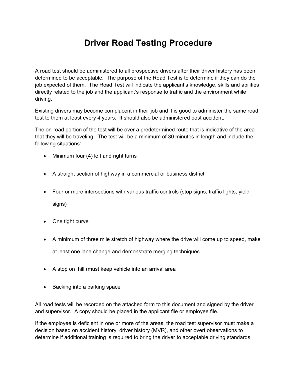 Driver Road Testing Procedure