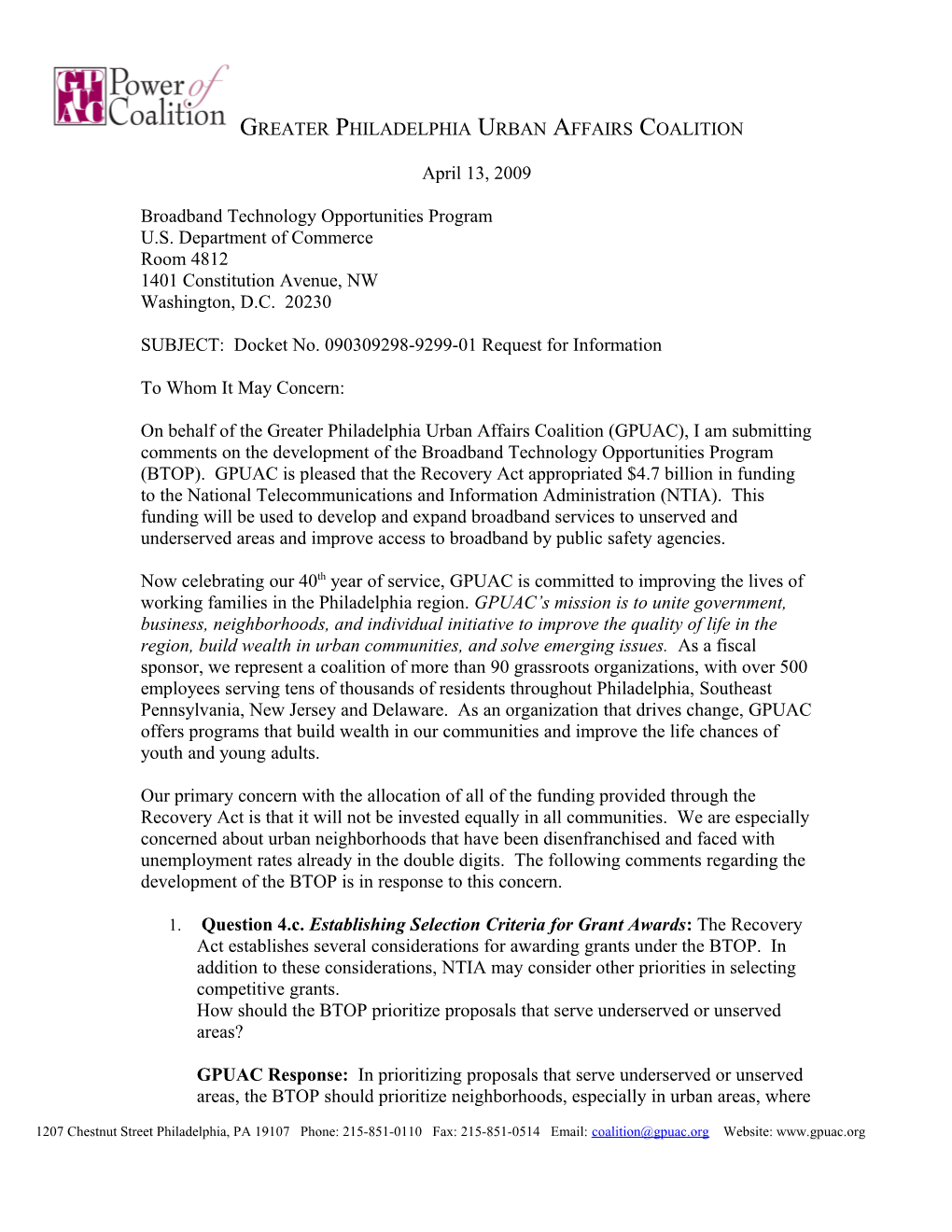 Letter to Accompany Congressman Brady Projects